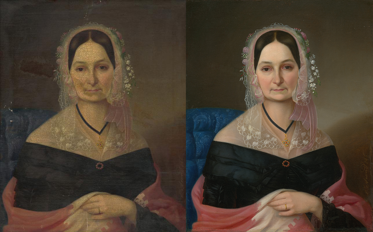 Adela Arentová – Portrét dámy, 1846, podoba pred a po reštaurovaní